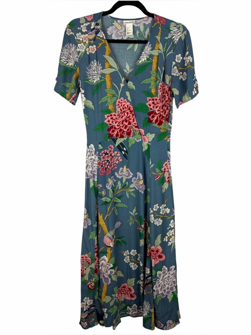 H&M x GP & J Baker Floral Bird Maxi Dress Size 2 Blue Viscose